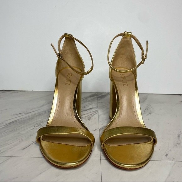 Schutz Gold Leather Ankle Strap Block Heel Sandal 10 1/2 B - Picture 2 of 16